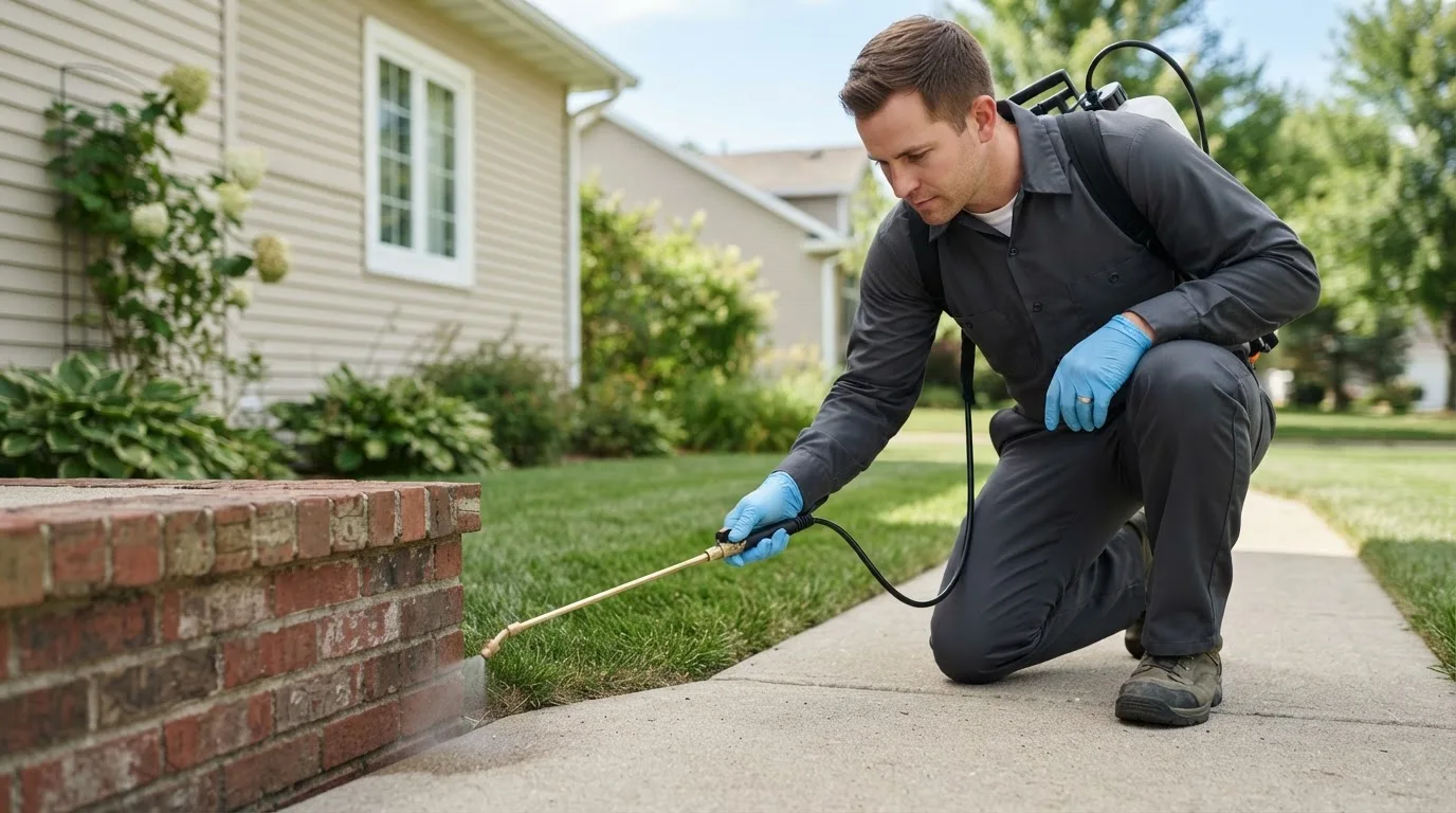 Pest control technician treating a home near Blomkest, MN