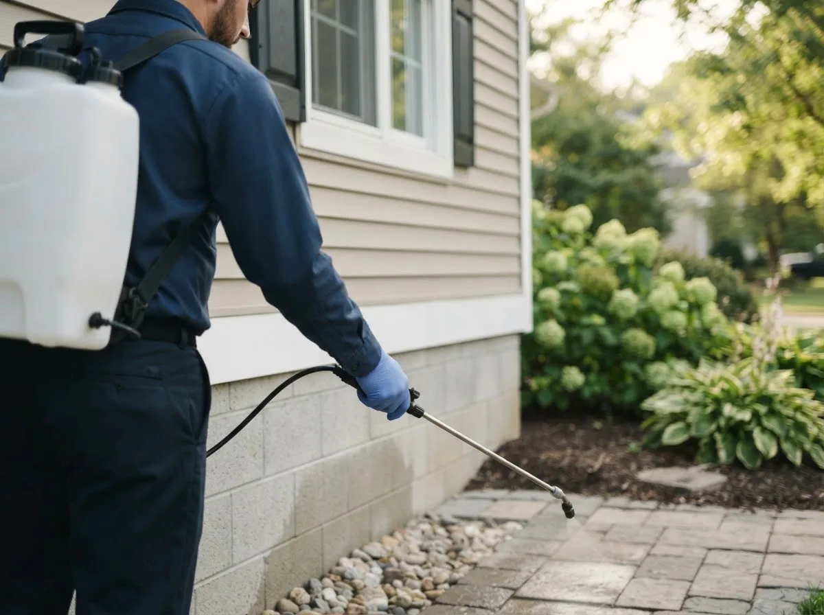 Pest control technician inspecting a home in Blomkest, MN